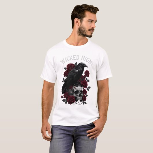 Wicked Night Raven & Skull Gothic Halloween T-Shir T-shirt (Voorkant volledig)