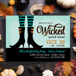 Wicked Witch Kids Verjaardag Kostuum Party Kaart<br><div class="desc">Moderne geïllustreerde Halloween verjaardagsfeestuitnodiging voor kinderen met schattige heksenlaarzen met gestreepte leggings en leuke moderne lettertypen. Tekst staat: "Doe mee voor een slecht moment!" Personaliseer het ontwerp met je verjaardagskostuum feestdetails. Klik op Aanpassen om lettertypen te wijzigen,  tekst te verplaatsen en uw eigen unieke uitnodigingsontwerp te creëer.</div>