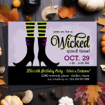 Wicked Witch Kids Verjaardag Kostuum Party Kaart<br><div class="desc">Moderne geïllustreerde Halloween verjaardagsfeestuitnodiging voor kinderen met schattige heksenlaarzen met gestreepte leggings en leuke moderne lettertypen. Tekst staat: "Doe mee voor een slecht moment!" Personaliseer het ontwerp met je verjaardagskostuum feestdetails. Klik op Aanpassen om lettertypen te wijzigen,  tekst te verplaatsen en uw eigen unieke uitnodigingsontwerp te creëer.</div>