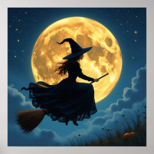 Wicked Witch op een bezem bij volle maan Poster