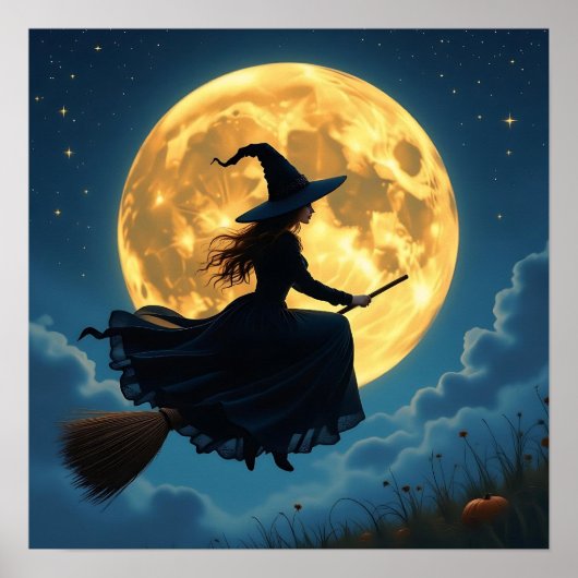 Wicked Witch op een bezem bij volle maan Poster (Voorkant)