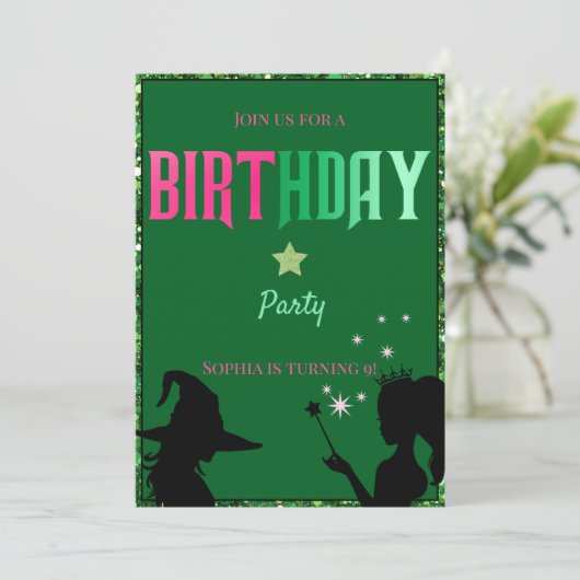 Wickedly Fun Verjaardagsfeest Groen Roze Glinda Aankondiging (Staand voorkant)