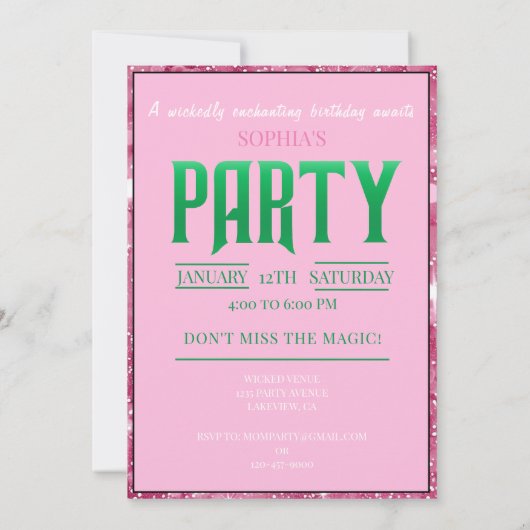 Wickedly Fun Verjaardagsfeest Groen Roze Glinda Aankondiging (Achterkant)