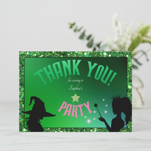 Wickedly Fun Verjaardagsfeest Groen Roze Glinda Kaart (Staand voorkant)