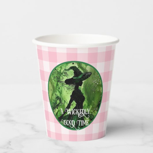 Wickedly goede heks groen en roze gingham plaid papieren bekers (Voorkant)