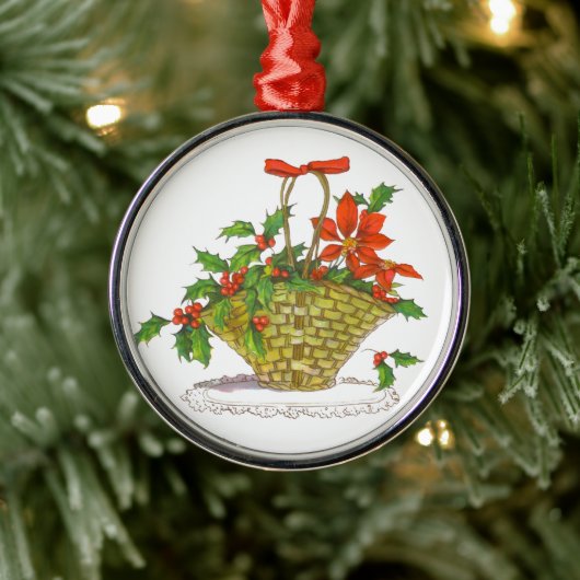 Wicker Basket of Poinsettias Metalen Ornament (Boom)
