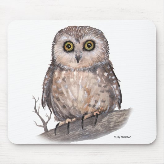 Wide Eyed Owl Wildlife Waterverf Art Muismat (Voorkant)