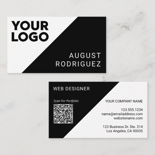 Wide Logo Custom QR Code Black White Geometric Visitekaartje (Voorkant / Achterkant)