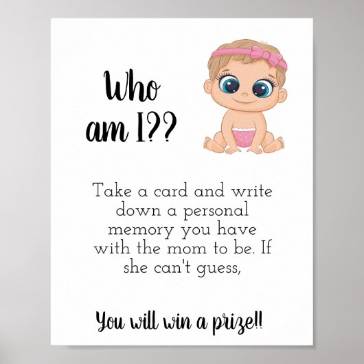 Wie ben ik? Baby shower Game Sign afdrukbaar Poster (Voorkant)