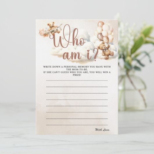 WIE BEN IK Baby shower Spel Schattige Beer Kaart (Staand voorkant)