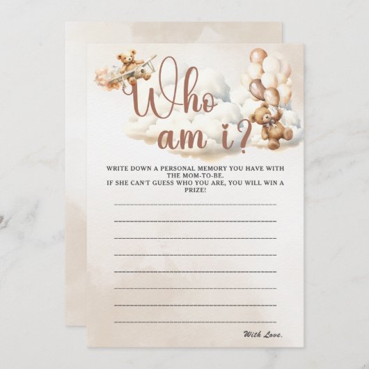 WIE BEN IK Baby shower Spel Schattige Beer Kaart (Voorkant / Achterkant)