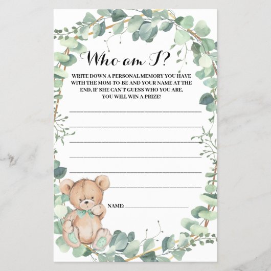 Wie ben ik Beer Greenery Baby shower Game Card Flyer (Voorkant)