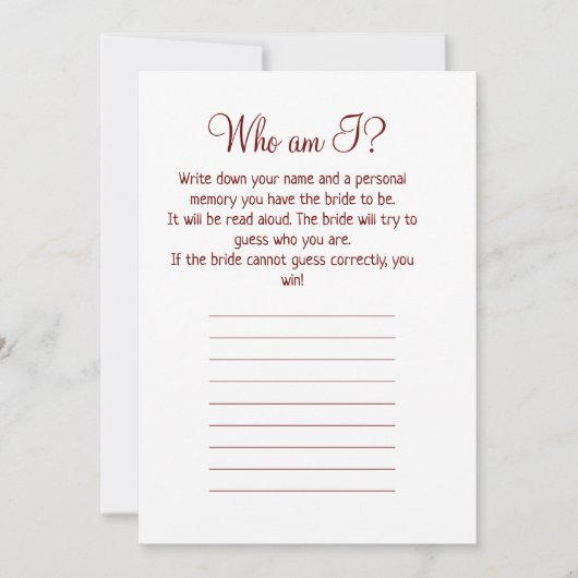 wie ben ik eenvoudig bruidsfeest spel feestdagenkaart (Voorkant)