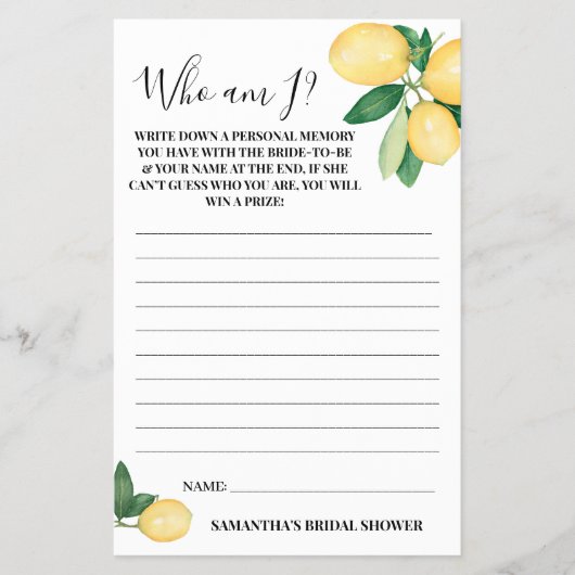 Wie ben ik? Lemon Vrijgezellenfeest Game Kaart (Voorkant)