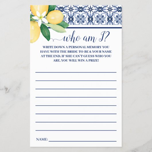 Wie ben ik? Mediterraanse citroenen Douche Spel Ka Flyer (Voorkant)