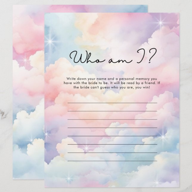 Wie ben ik Pastel Cloud Nine Vrijgezellenfeest spe (Voorkant / Achterkant)