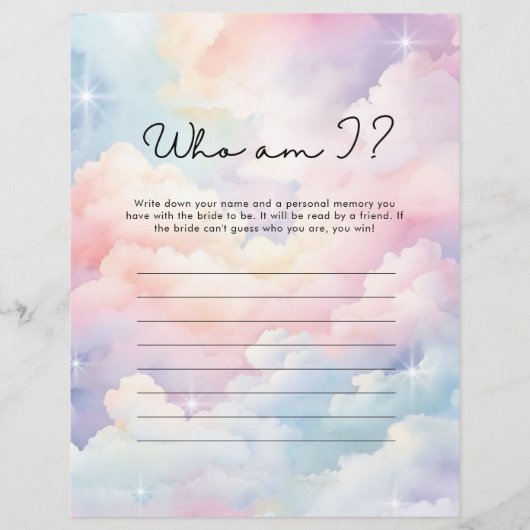 Wie ben ik Pastel Cloud Nine Vrijgezellenfeest spe (Voorkant)