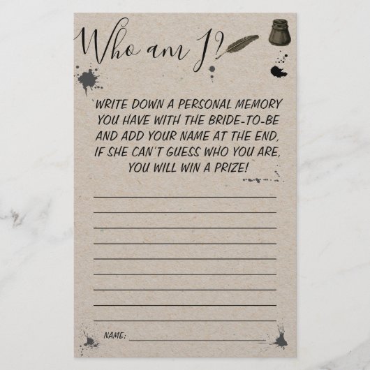 Wie ben ik? | Pen & Inkwell Vrijgezellenfeest game Flyer (Voorkant)