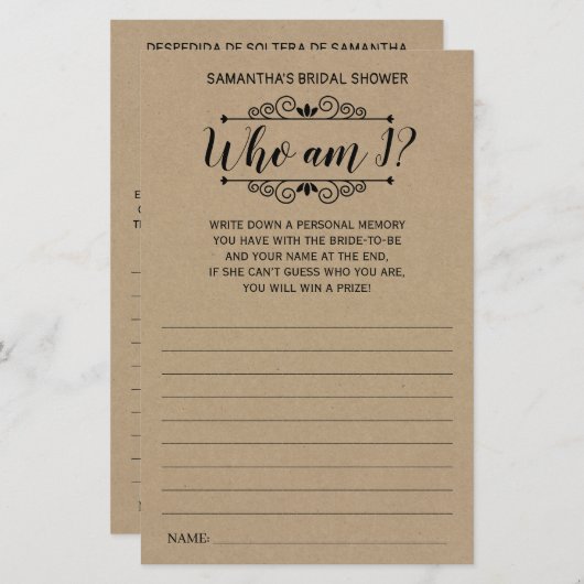 Wie ben ik vrijgezellenfeest engels spaans rustige (Voorkant / Achterkant)