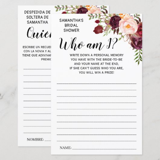 Wie ben ik? vrijgezellenfeest engels spaans spel (Voorkant / Achterkant)