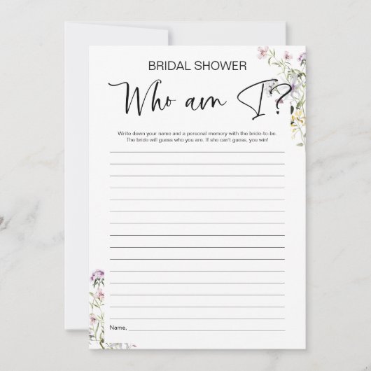 Wie ben ik Wildflower Vrijgezellenfeest spel Kaart (Voorkant)