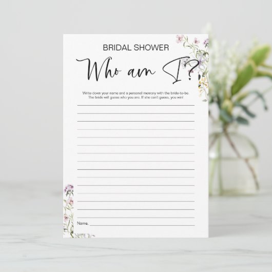 Wie ben ik Wildflower Vrijgezellenfeest spel Kaart (Staand voorkant)