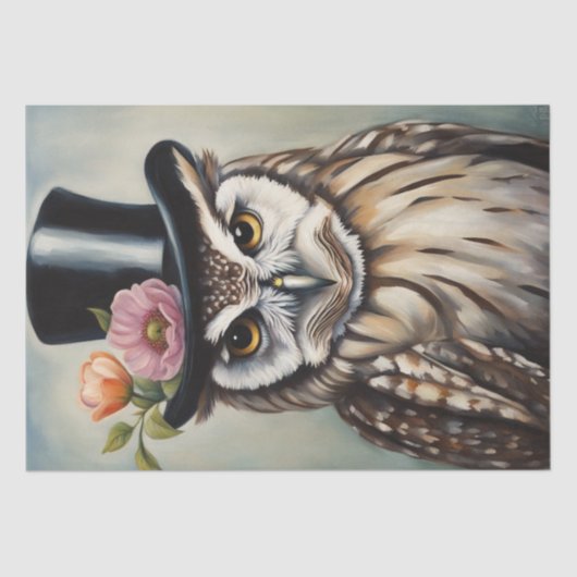 Wie draagt het het beste? Uil in Top Hat Decoupage Tissuepapier (Voorkant)