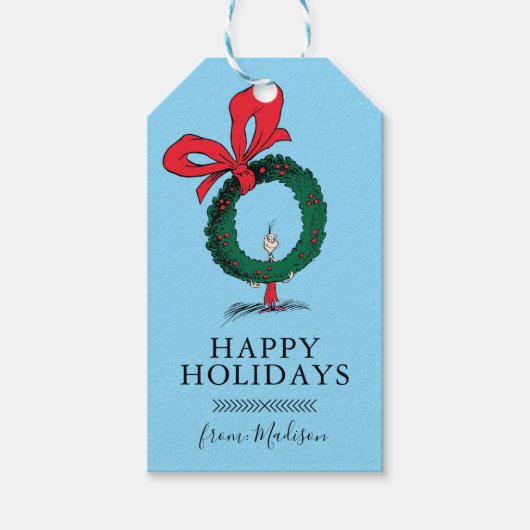 Wie gluurt door kerstkrans cadeaulabel (Voorkant)