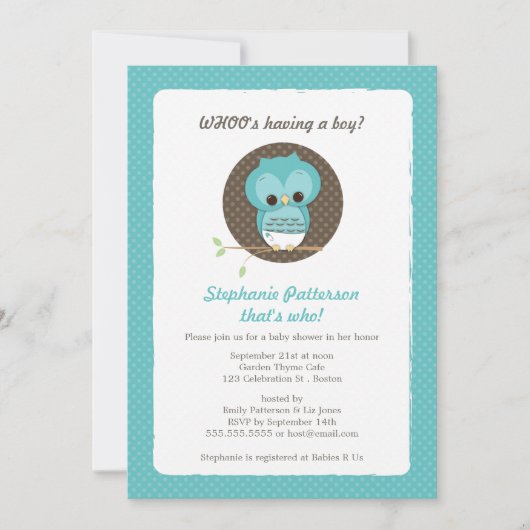 Wie heeft een jongen? Owl Baby shower Invitation Kaart (Voorkant)