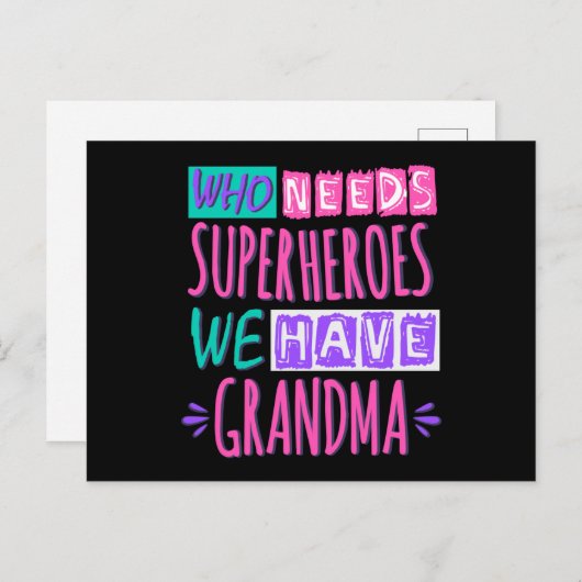 Wie heeft superhelden nodig die we oma hebben briefkaart (Voorkant / Achterkant)
