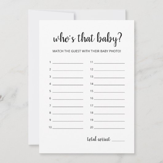 Wie is die baby? Game Baby shower Party Kaart (Voorkant)