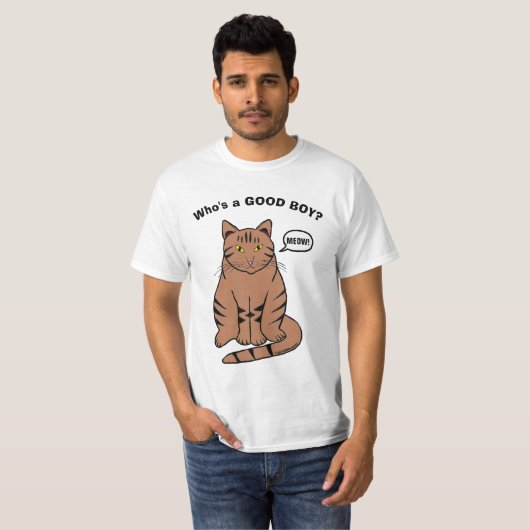 Wie is een GOEDE BOY? Talking Tabby Cat Funny T-shirt (Voorkant volledig)