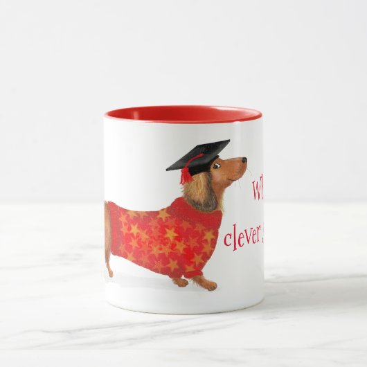 'Wie is een slimme worst' teckel afstuderen mok (Midden)