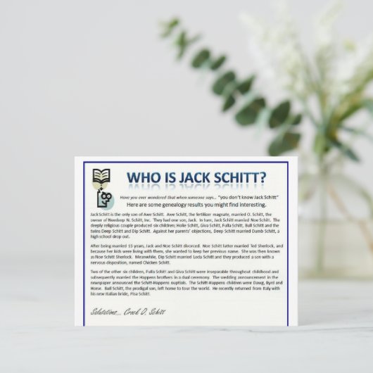 Wie is Jack Schitt? Briefkaart (Staand voorkant)