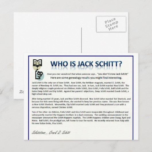 Wie is Jack Schitt? Briefkaart (Voorkant / Achterkant)