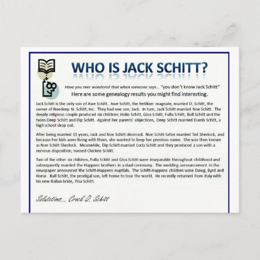 Wie is Jack Schitt? Briefkaart (Voorkant)