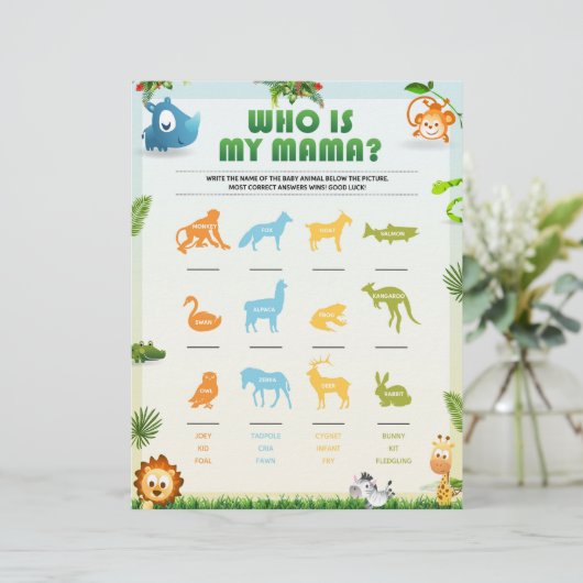 Wie is mijn mama Baby shower Game [Dierenthema] Briefhoofd (Staand voorkant)