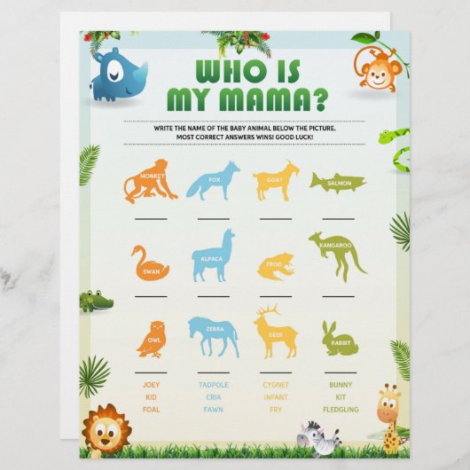 Wie is mijn mama Baby shower Game [Dierenthema] Briefhoofd (Voorkant / Achterkant)