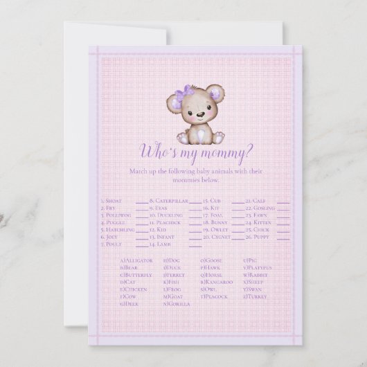 Wie is mijn mammie Paars Baby Kaart van het Beer (Voorkant)