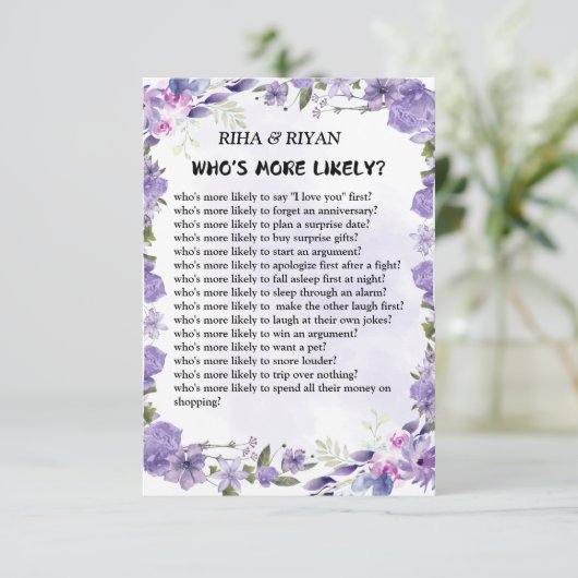 WIE IS WAARSCHIJNLIJKER? WEDDING SPEL KAART (Staand voorkant)