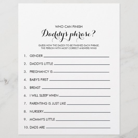 Wie kan het Phrase Baby shower Game van papa afmak (Voorkant)