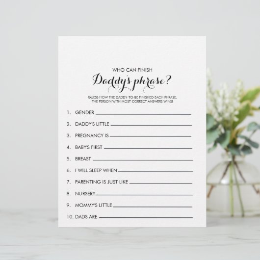 Wie kan het Phrase Baby shower Game van papa afmak (Staand voorkant)