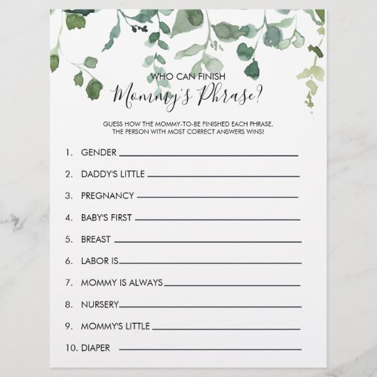 Wie kan mama's Phrase Baby shower Game afmaken? (Voorkant)