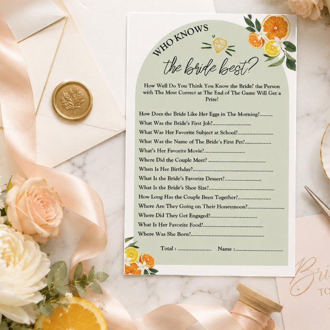 Wie kent de beste bruidsfeestspellen (Who Knows the Best Bridal Shower Party Games, lemon greenery watercolor main squeeze)