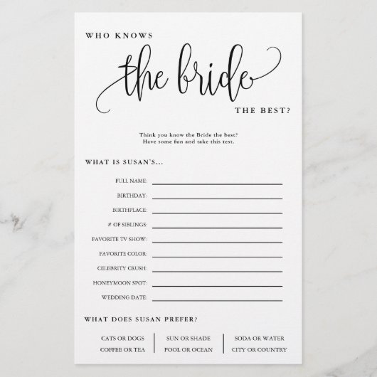 Wie kent de Bride Editable Paper Game Kaart (Voorkant)