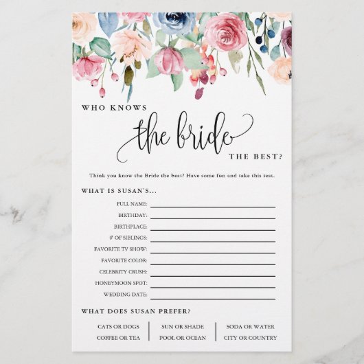 Wie kent de Bride Floral Border Paper Game Kaart (Voorkant)
