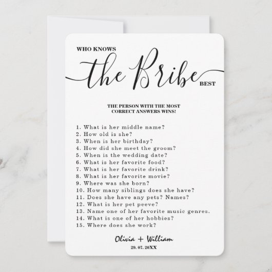 Wie kent de bruid beste elegante bruiloft spel kaart (Voorkant)