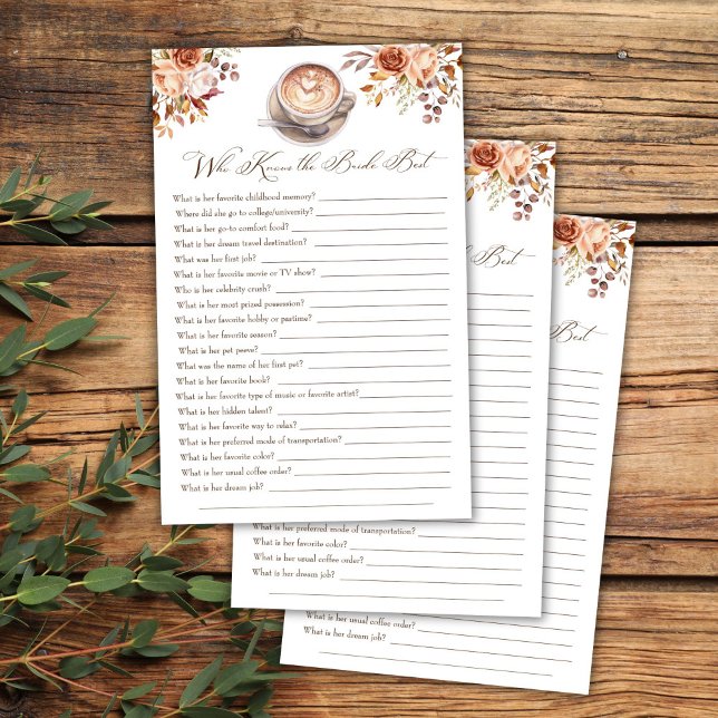 Wie kent de bruid beste koffie herfst douche spel (Who knows the bride best love is brewing coffee cappuccino fall bridal shower games)