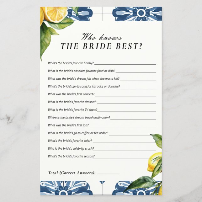 Wie kent de bruid beste Positano Vrijgezellenfeest (Voorkant)