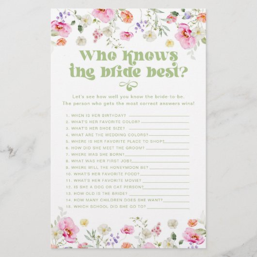 Wie kent de bruid beste wilde bloem bruids spel (Voorkant)